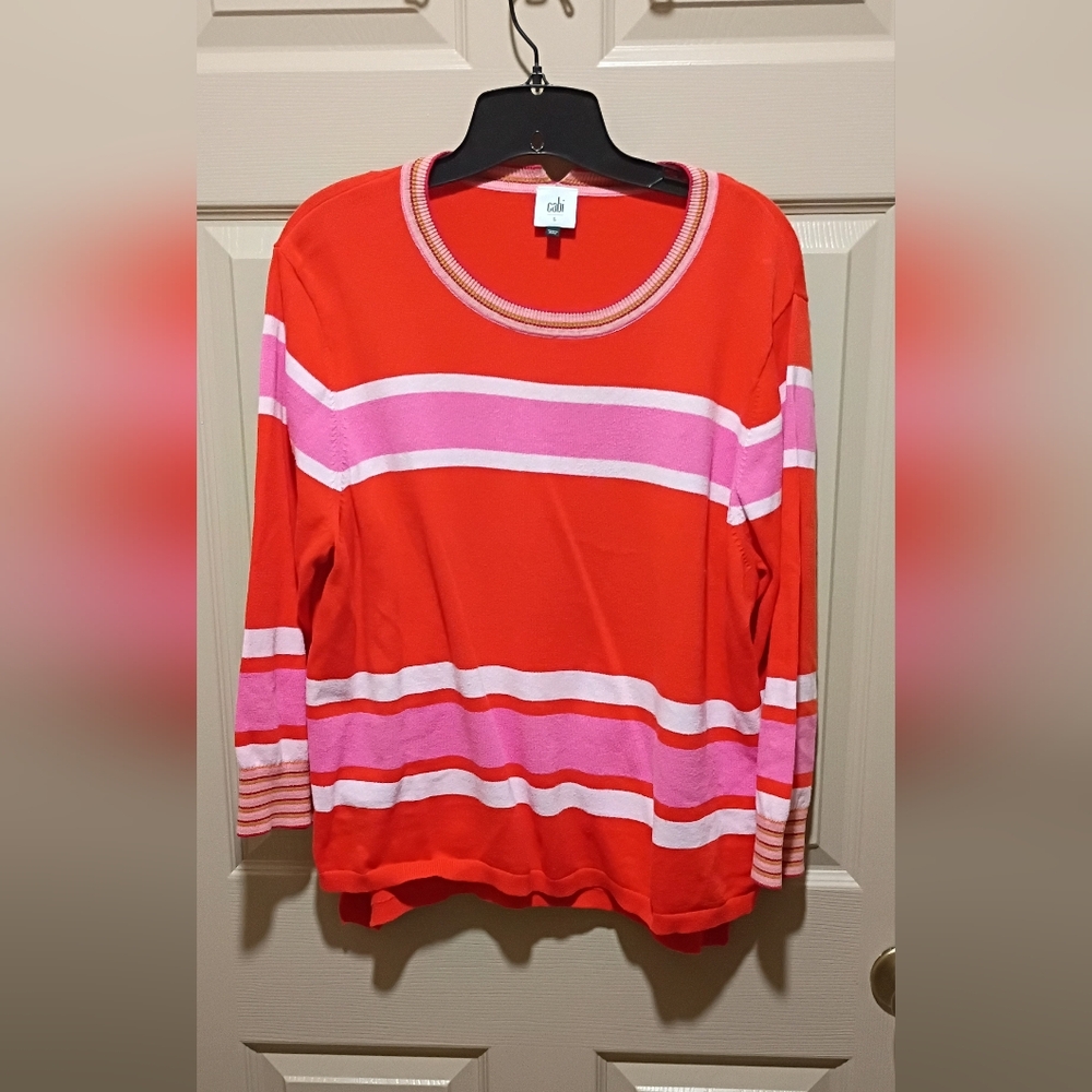 Cabi Sweater Womens Lg Orange Pink Striped Pullover Crewneck Cotton 3/4 Sleeve